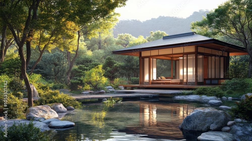 Obraz premium Traditional Japanese tea house with garden.