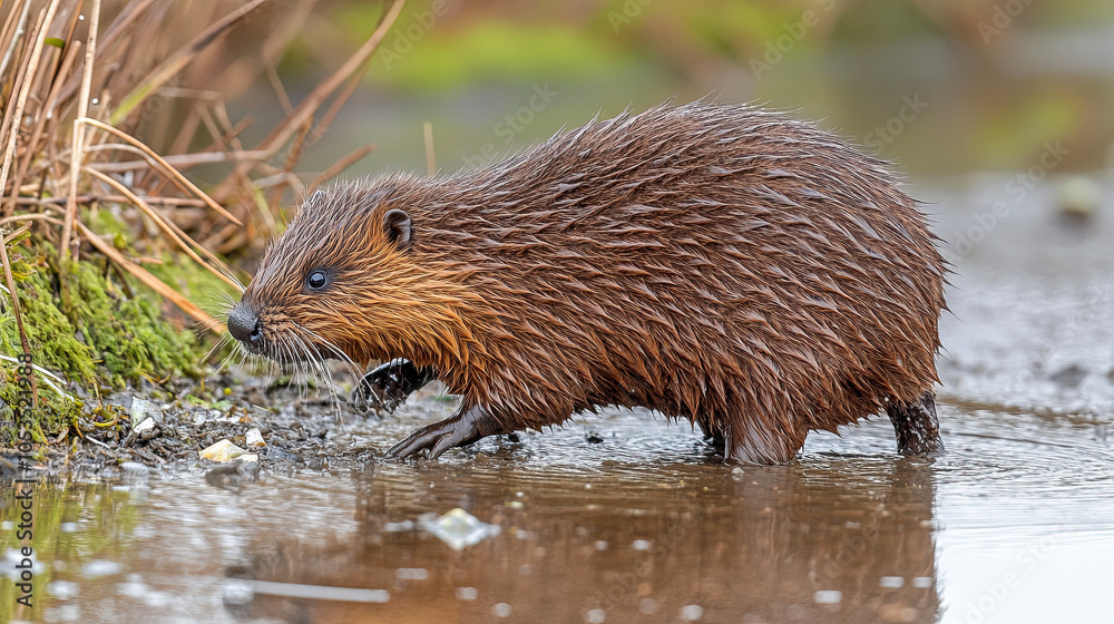 European Water Vole Foraging Along a Waters Edge in the Wetlands During Daylight Hours in Early Spring European Water Vole Foraging Along a Waters Edge in the Wetlands During Daylight Hours in Early Spring