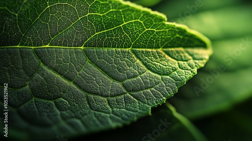 Close-up of a leaf's surface, emphasizing the detailed vein patterns and green cell textures with high precision