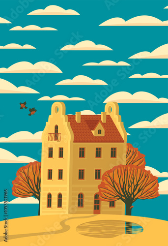 Childish autumn landscape with yellow three-storey house, fall trees, pair of birds and clouds in the blue sky. Decorative vector illustration in cartoon style