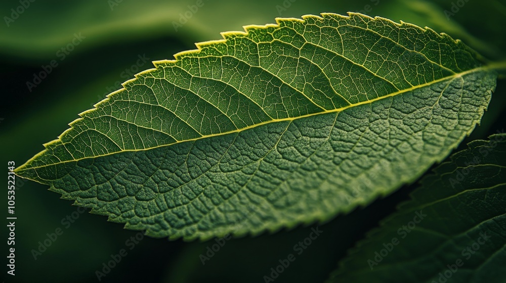 Close-up of a leaf's surface, emphasizing the detailed vein patterns and green cell textures with high precision Close-up of a leaf's surface, emphasizing the detailed vein patterns and green cell textures with high precision