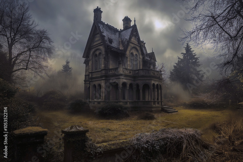 A mysterious old mansion stands isolated in a fog-covered forest, surrounded by eerie silence and an ominous atmosphere, perfect for horror and mystery themes