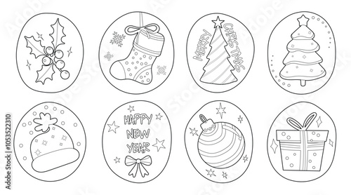 Set of isolated Christmas and New Year label in cute doodle style on transparent background. Volume 10 : Black outline with white plain.