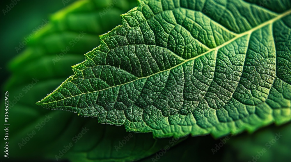 Close-up of a leaf's surface, emphasizing the detailed vein patterns and green cell textures with high precision Close-up of a leaf's surface, emphasizing the detailed vein patterns and green cell textures with high precision