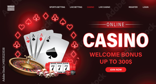 A web banner with neon cards and dice for poker with a slot machine and roulette, chips for casinos online in a frame of their suits on a red background.