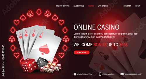 A web banner with neon cards and dice for poker with a slot machine and roulette, chips for casinos online in a frame of their suits on a red background.