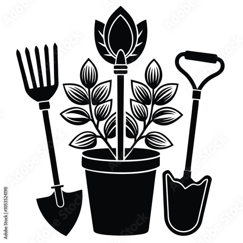 Gardening tools vector silhouette icon with Transparent Background Clipart..