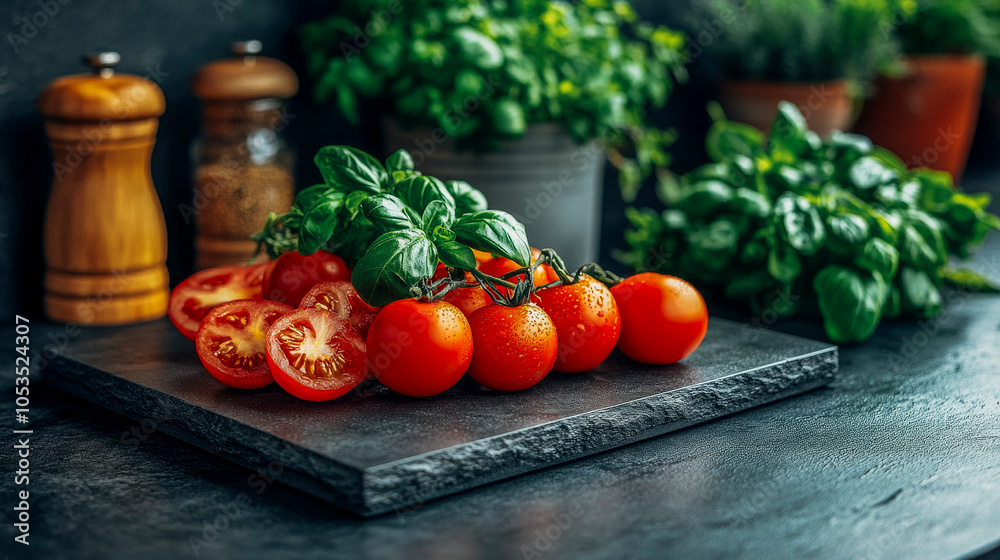 Fresh organic cherry tomatoes with basil on a rustic kitchen counter for culinary inspiration Fresh organic cherry tomatoes with basil on a rustic kitchen counter for culinary inspiration