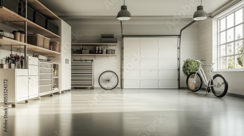 Ampio spazio di garage industriale, caratterizzato da pavimento lucido e riflessi, con un design minimale e pulito che valorizza ordine e modernità.
 photo