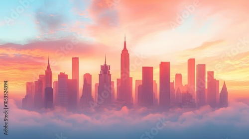 A stunning skyline at sunrise, engulfed in clouds, iconic skyscrapers