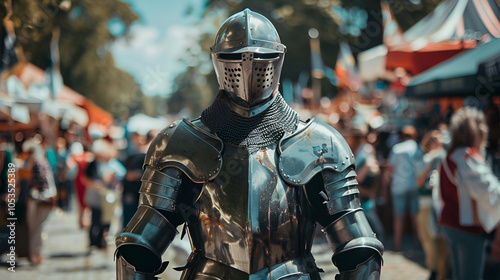 A knight in armor at an outdoor festival, wearing a metal chestplate and helmet with a visor, walking through the crowd of stalls selling medieval goods, Generative AI 