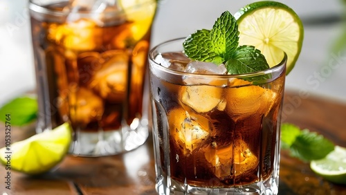 Chilled Cuba Libre Cocktail with Lime and Mint .The Ultimate Summer Refreshment