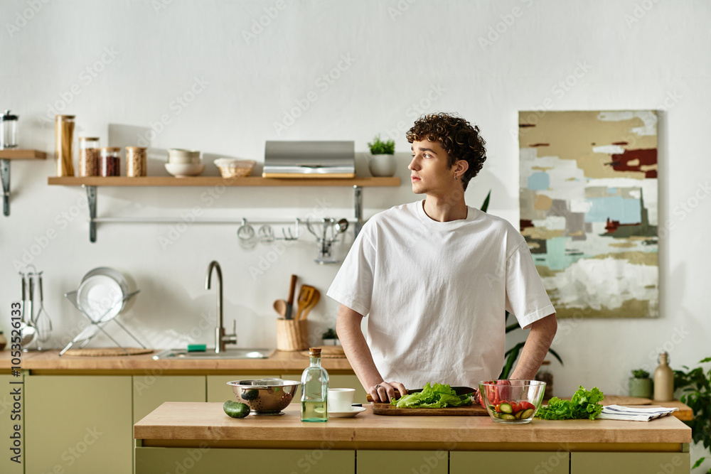 In a modern kitchen, a young man with curly hair thoughtfully prepares a vibrant salad, embracing healthy living. In a modern kitchen, a young man with curly hair thoughtfully prepares a vibrant salad, embracing healthy living.