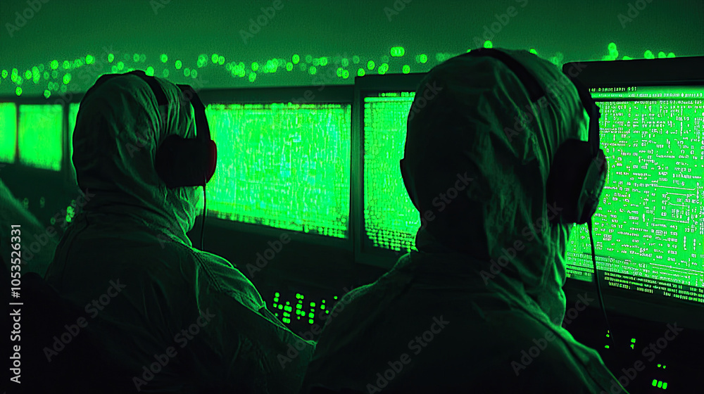 Mysterious Individuals in Protective Gear Monitoring Green Computer Screens During Cybersecurity Operations at Night Mysterious Individuals in Protective Gear Monitoring Green Computer Screens During Cybersecurity Operations at Night