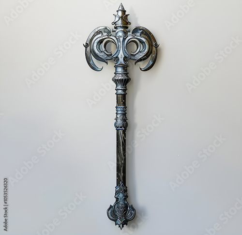 A long mace with an extra-large head, the wooden shaft is gray and has carved details on it. The steel blade at one end of its tip is decorated in black metal, Generative AI photo