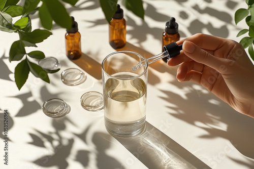 Hand holding dropper above glass container with serum surrounded by glass bottles and leafy shadows on sunlit surface creating calming and natural aesthetic