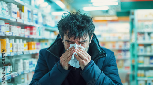 un homme malade en train de se moucher dans un mouchoir en papier à l'intérieur d'une pharmacie pour acheter des médicaments photo