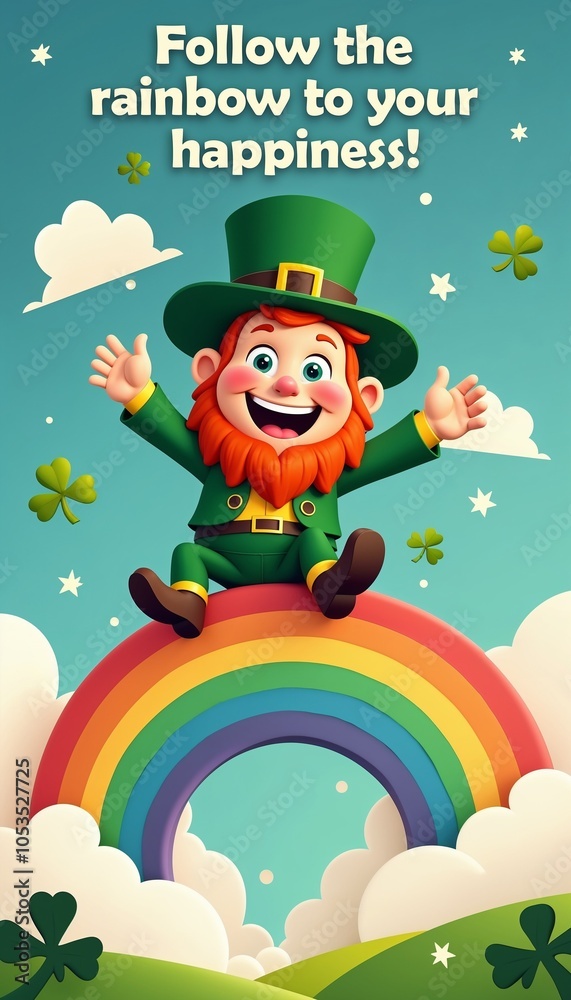 Naklejka premium Leprechaun on a rainbow with an uplifting mood encouraging