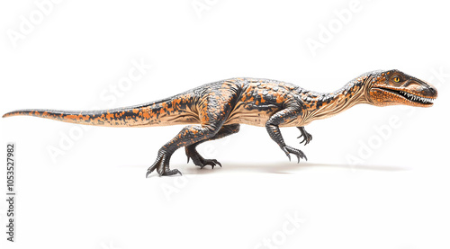 Allosaurus Lifelike Recreation Isolated on Pure White Setting, Side Angle Revealing Formidable Jurassic Era Carnivore