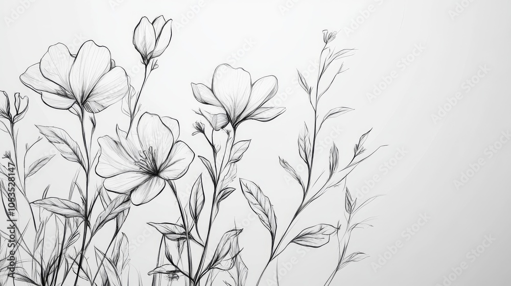 Obraz premium botanical illustration sketch Illustrations, detailed sketch of plants and flowers, realistic textures with elegant outlines
