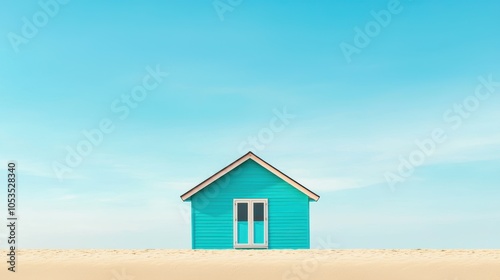 A tranquil beach scene featuring a lone, bright blue house