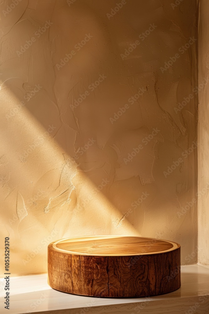 Round wooden pedestal with rich grain, set against a warm-toned, textured stucco wall illuminated by soft sunlight. Ideal for rustic product presentations Round wooden pedestal with rich grain, set against a warm-toned, textured stucco wall illuminated by soft sunlight. Ideal for rustic product presentations