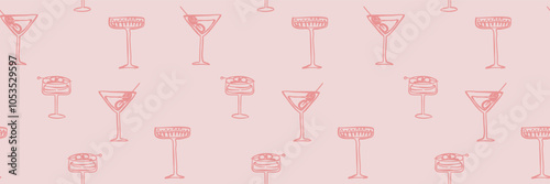 Seamless pattern with doodle glasses with drinks. Design for menu, restaurant, food. Hand drawn vector illustration.