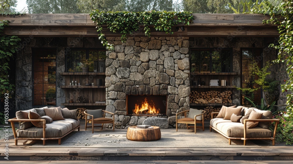 Cozy Outdoor Fireplace with Wooden Armchairs Cozy Outdoor Fireplace with Wooden Armchairs
