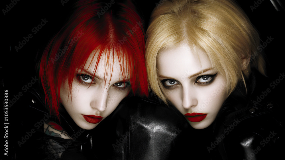 Two Models With Striking Red and Blonde Hair Showcasing Dramatic Makeup in a Dark Setting, Emphasizing Fashion and Expression Two Models With Striking Red and Blonde Hair Showcasing Dramatic Makeup in a Dark Setting, Emphasizing Fashion and Expression