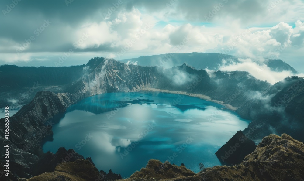 Volcanic crater lake surrounded by rugged terrain, 4K hyperrealistic photo Volcanic crater lake surrounded by rugged terrain, 4K hyperrealistic photo