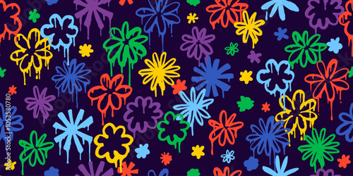 Cute, kawaii seamless pattern with flowers, brush strokes, splatters. Hand painted graffiti style. Retro groovy psychedelic style,
