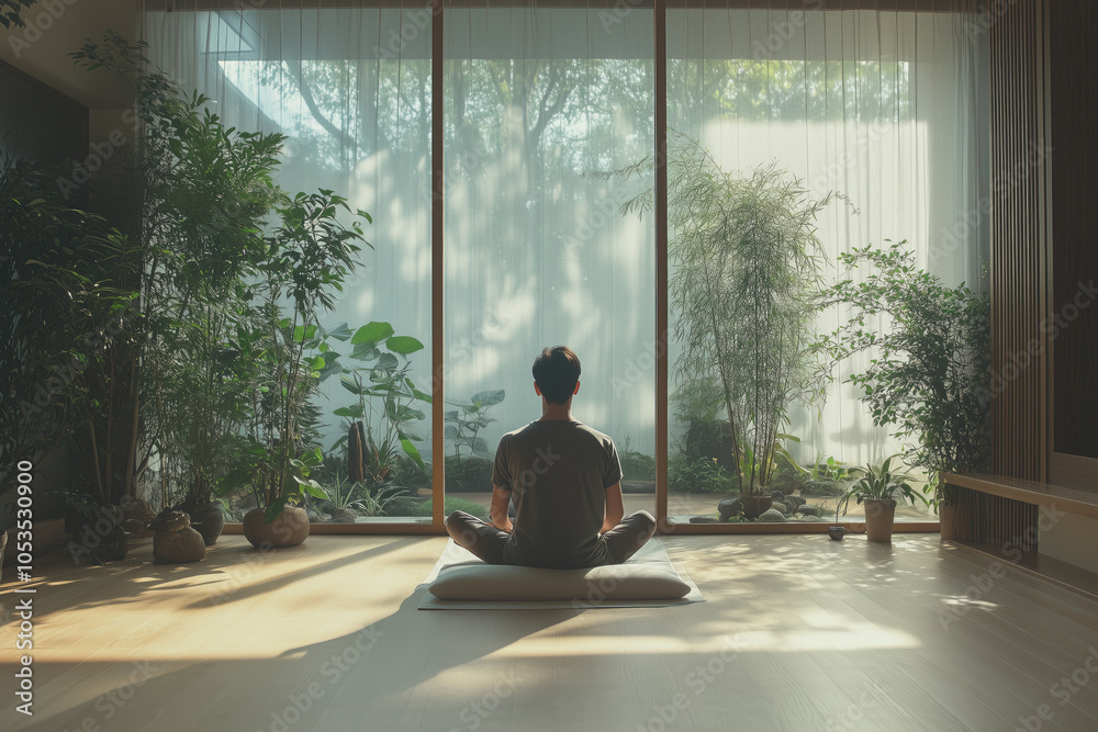 Person sitting cross-legged indoors near large windows, surrounded by plants with sunlight filtering in. Scene captures peaceful atmosphere and connection with nature Person sitting cross-legged indoors near large windows, surrounded by plants with sunlight filtering in. Scene captures peaceful atmosphere and connection with nature