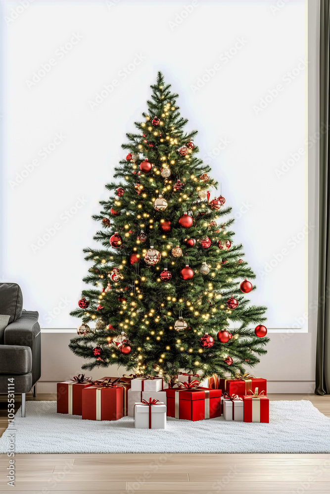 A large Christmas tree with red and gold ornaments sits in front of a window A large Christmas tree with red and gold ornaments sits in front of a window
