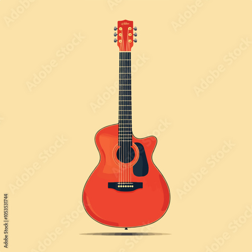 A vibrant red acoustic guitar stands upright against a simple beige background, showcasing its elegant curves and fine craftsmanship