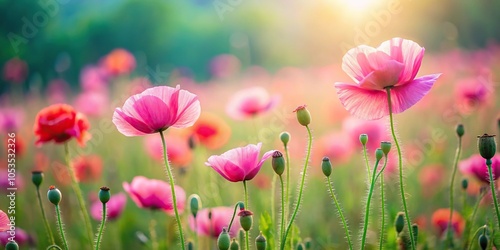 Wild pink poppy flowers in the morning meadow