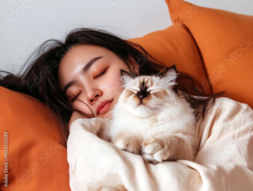 beauty girl with cat , sleeping on the orange sofa