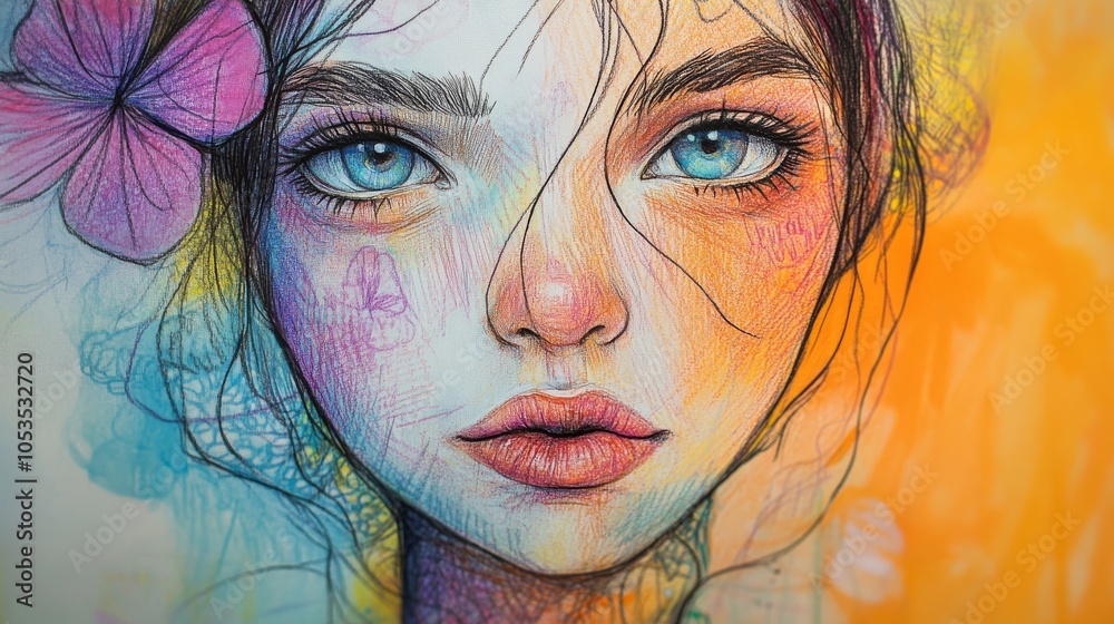 mixed media sketch Illustrations, a blend of ink, pastel, and colored pencil, vibrant colors mixed with textured details