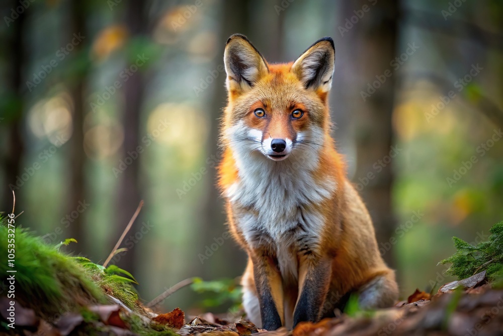 Wild red fox in forest, predator mammal with vibrant fur Wild red fox in forest, predator mammal with vibrant fur