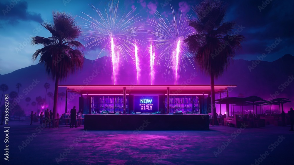 Fototapeta premium Vibrant beach bar with fireworks and palm trees at night, colorful neon lighting.