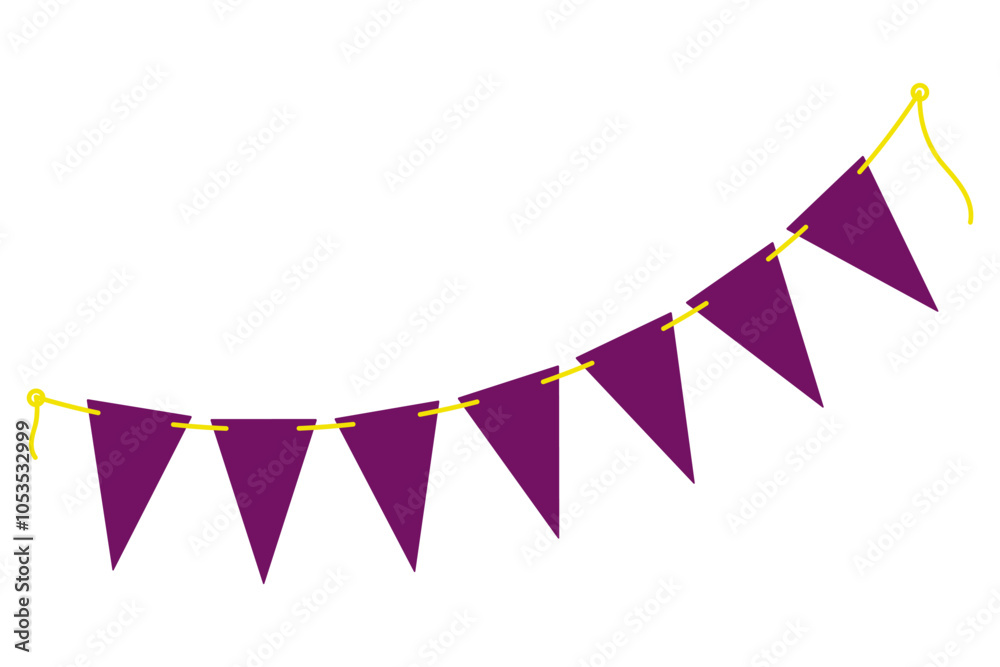 Obraz premium Triangular pennant garland in trendy dark purple on yellow rope. Halloween cards or greeting element