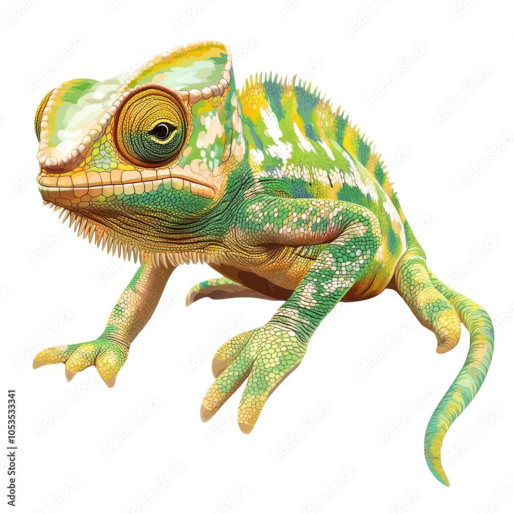 Obraz premium A chameleon clipart, reptile element, colorful camouflage pattern, realistic style, isolated on white background