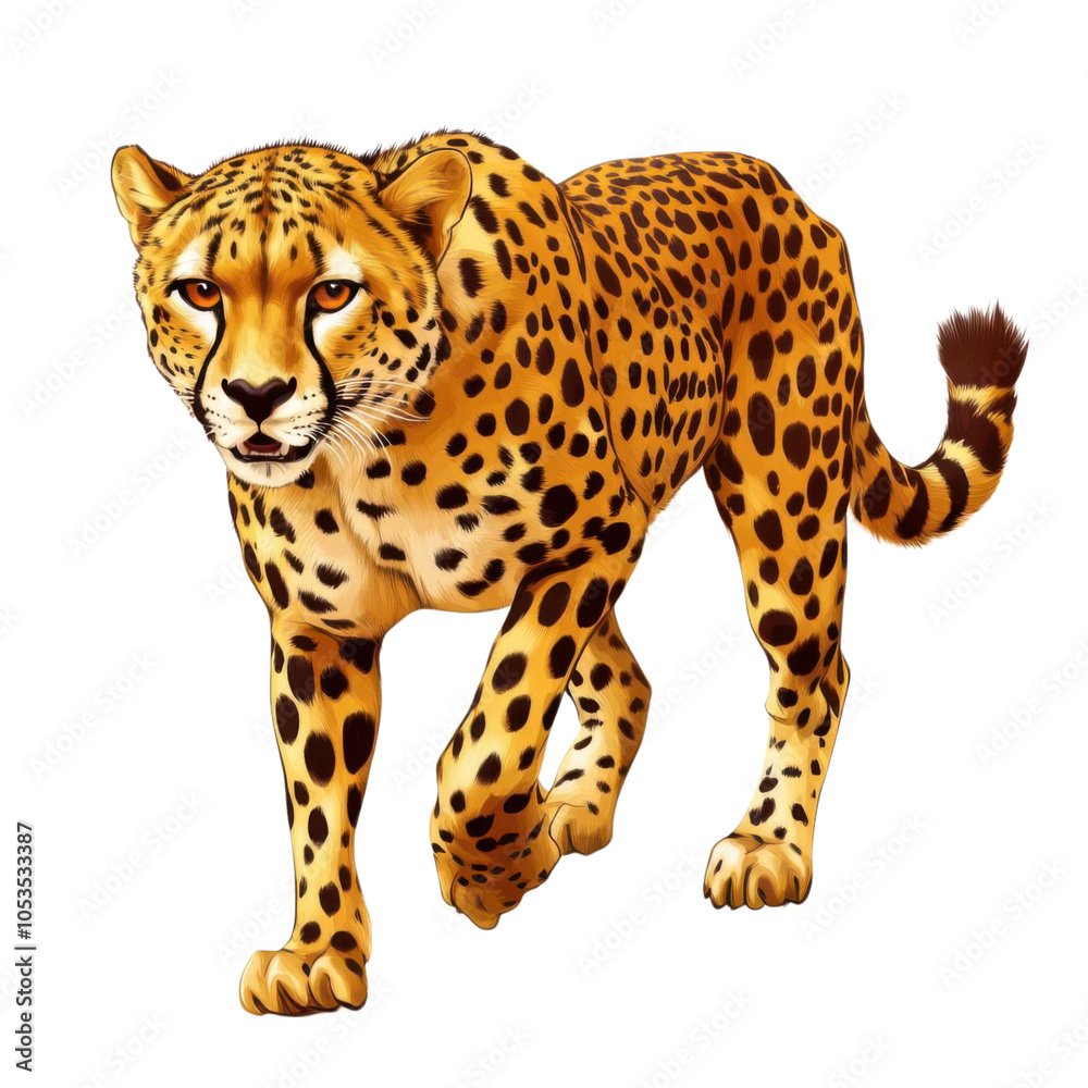 Fototapeta premium A cheetah clipart, African animal, hyper-realistic, golden fur with black spots, isolated on white background