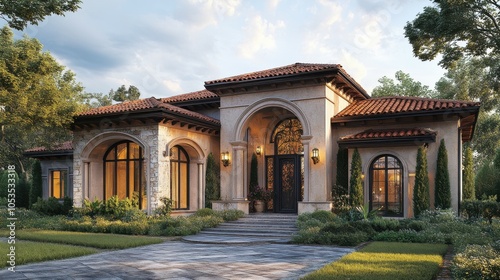 Tuscan-inspired villa with a tiled roof and wrought iron accents.