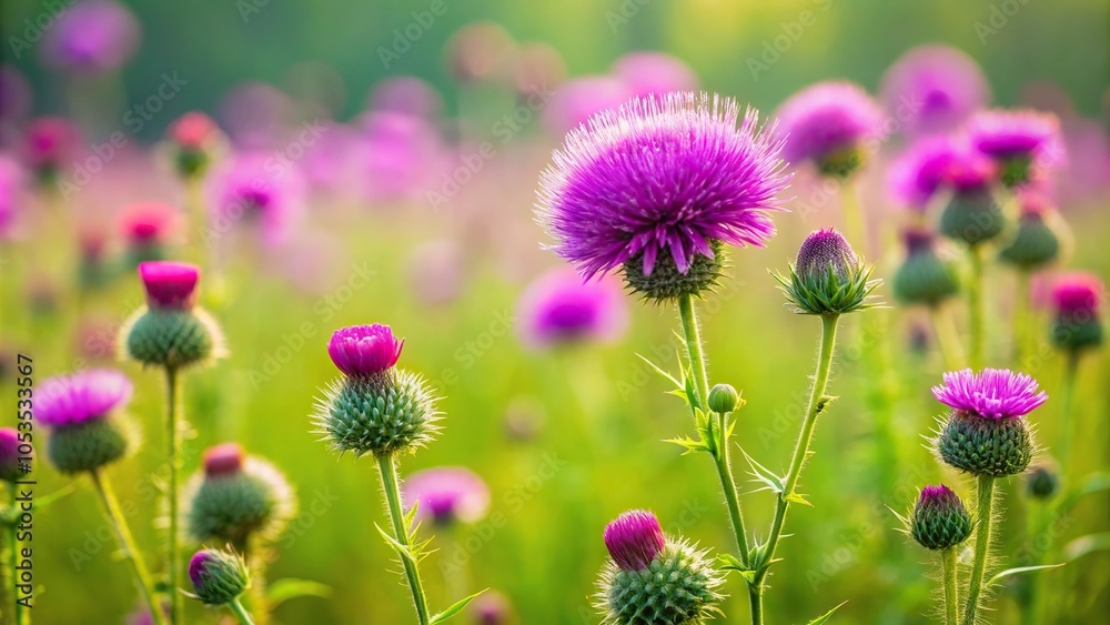 Fototapeta premium Wild thistle purple pink flower in green spring field with forced perspective