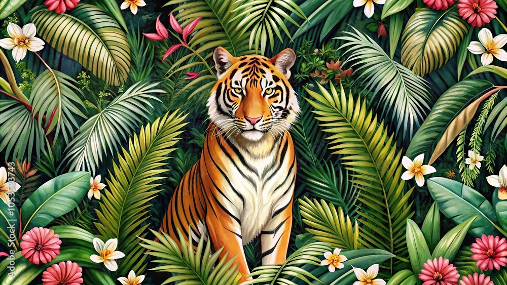 Naklejka premium Wild tiger in lush forest surrounded by flowers, palm leaves, bamboo leaves, and palm trees with a seamless fabric pattern background