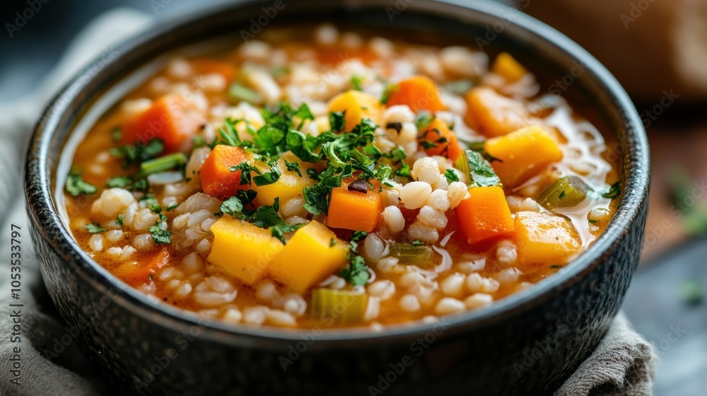 Warm bowl of vegetable barley soup Warm bowl of vegetable barley soup