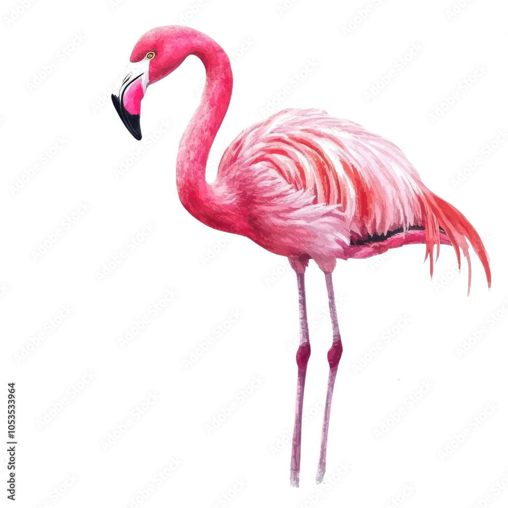 Fototapeta premium A flamingo clipart, tropical bird, watercolor style, pink feathers, isolated on white background