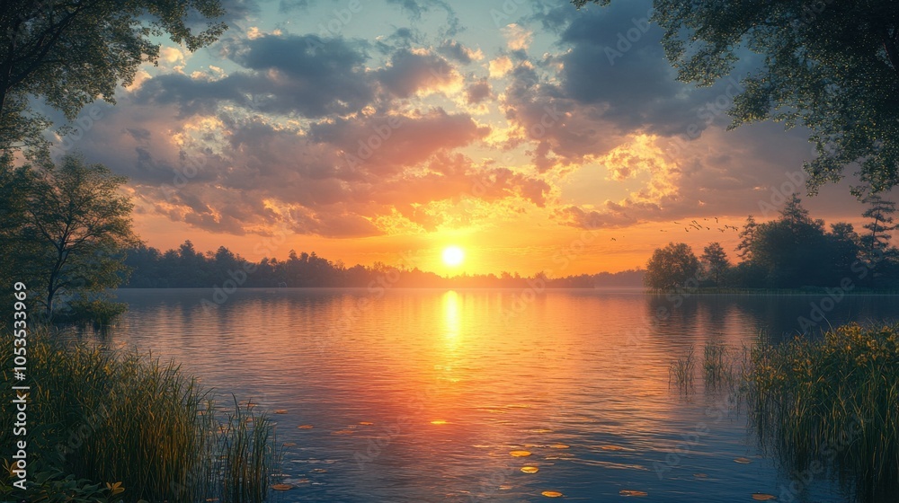 Obraz premium Sun setting over a tranquil lake