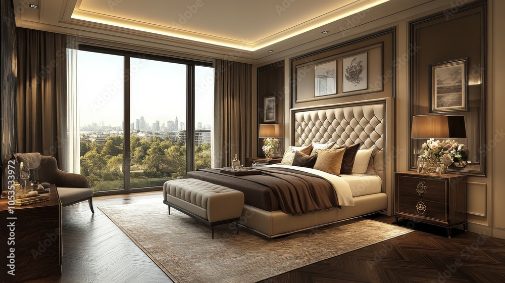 Fotografie Sumptuous bedroom with a custom headboard and luxurious bedding.
