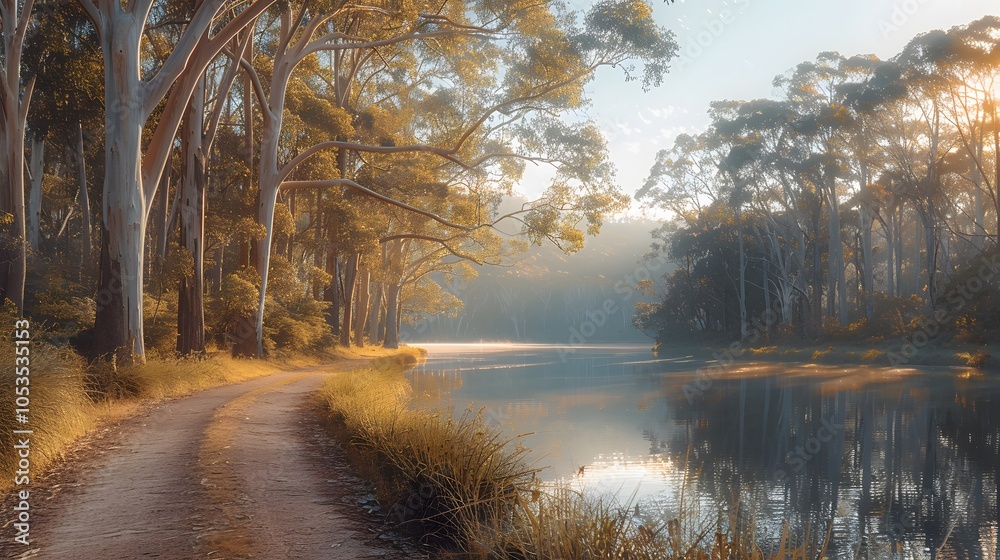 Obraz premium Eucalyptus grove lakeside depict a tranquil. AI generated